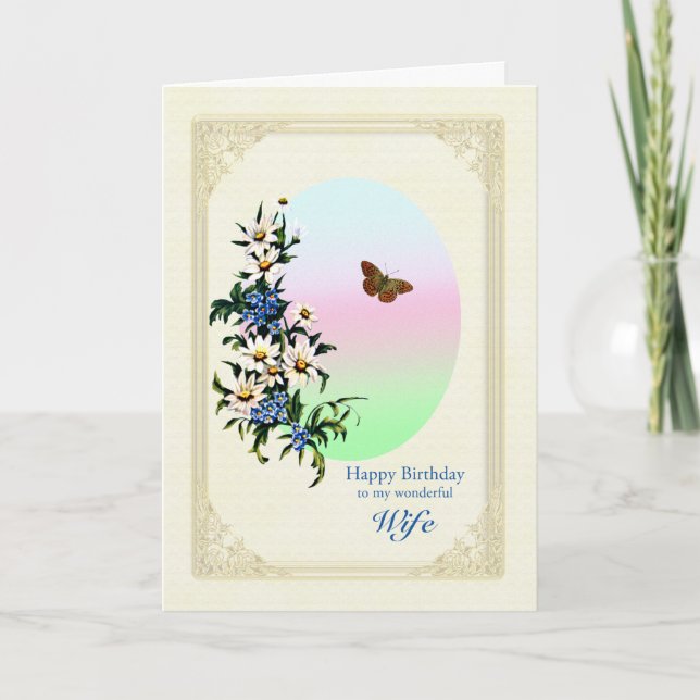 Carte Fleurs d'anniversaire de femme et papillon (Devant)