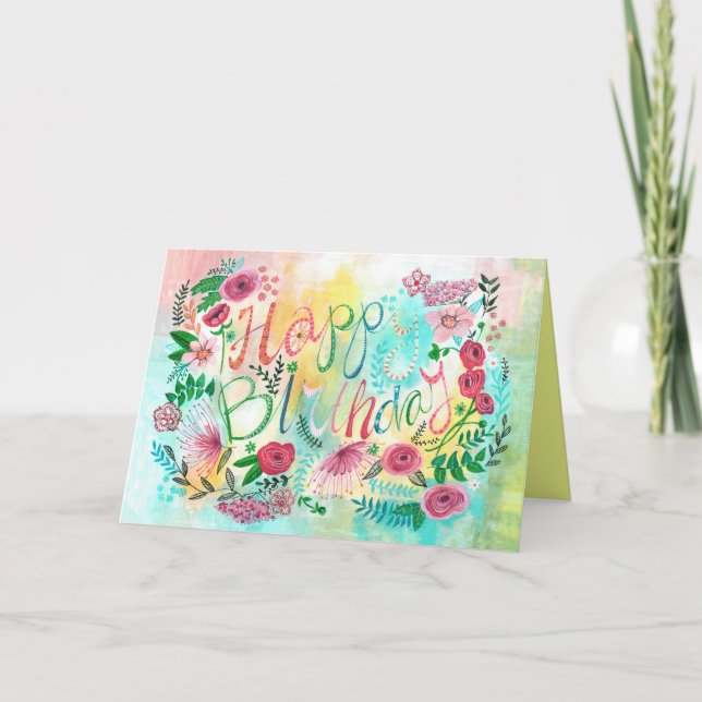 Carte Fleurs d'anniversaire élégantes rose et jaune (Devant)