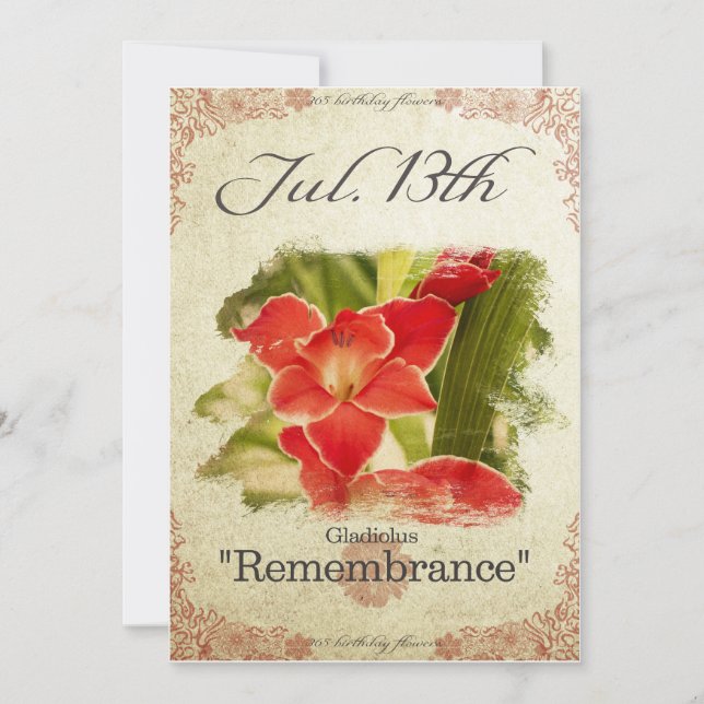 Carte Fleurs d'anniversaire le 13 Juillet "Gladiolus" (Devant)