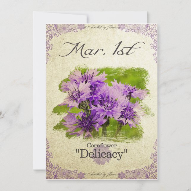Carte Fleurs d'anniversaire le 1er mars "Cornflower" (Devant)