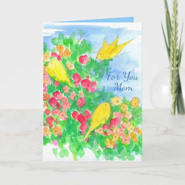Carte Fleurs d'aquarelle aux oiseaux jaunes Joyeuse fête (Devant)