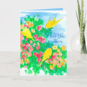 Carte Fleurs d'aquarelle aux oiseaux jaunes Joyeuse fête