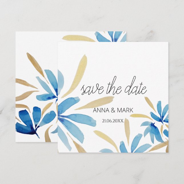 Carte Fleurs D'Aquarelle Bleu Clair Et Or (Devant / Derrière)