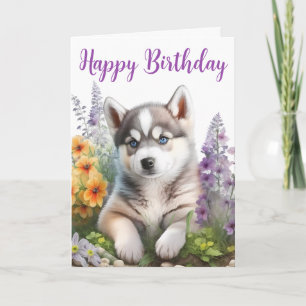 Carte Fleurs d'aquarelle et chiot sibérien Husky