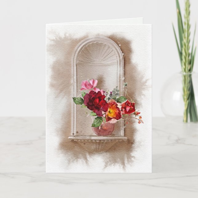 Carte Fleurs d'aquarelle et verre de vin en Sympathy (Devant)