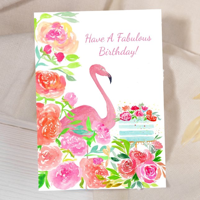 Carte Fleurs D'Aquarelle, Flamant rose Et Gâteau Anniver (Créateur téléchargé)