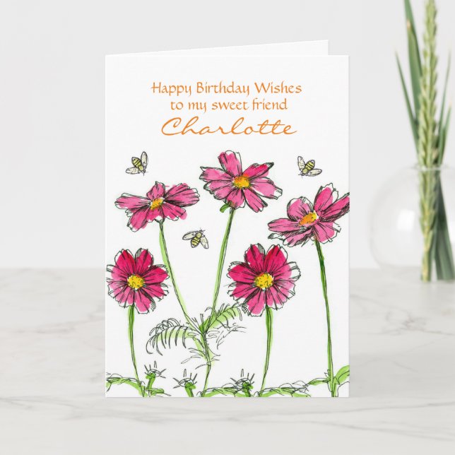 Carte Fleurs d'aquarelle rose Cosmos Nom personnalisé (Devant)