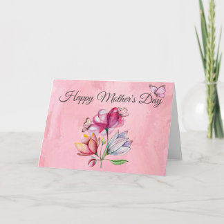 Carte Fleurs d'aquarelle rose et papillons