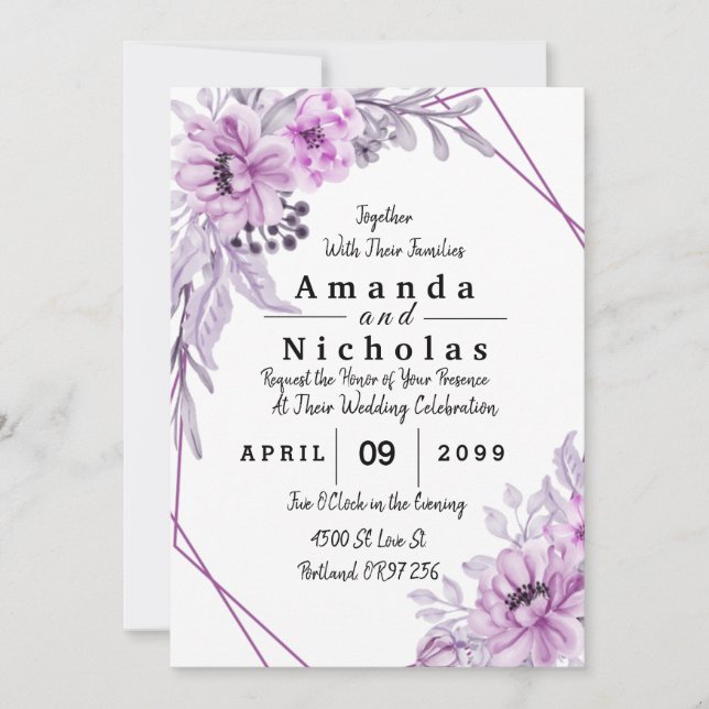 Carte Fleurs d'aquarelle violette avec typographie (Devant)