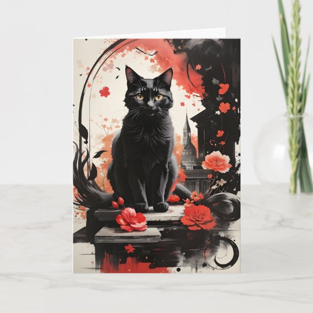 Carte Fleurs d'art d'éclaboussure de chat noir d'aquarel (Devant)
