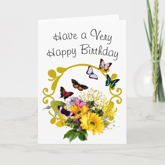 Carte Fleurs de cadres d'or Papillons Anniversaire (Devant)