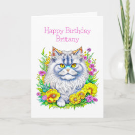 Carte Fleurs de chats persanes Anniversaire personnalisé