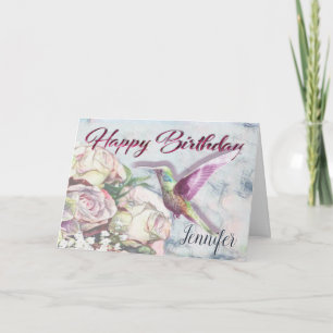 Carte Fleurs de colibri et nom de joyeux anniversaire