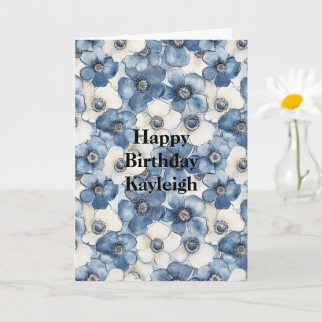 Carte Fleurs de Denim Bleu Blanc Anniversaire (Petite plante)