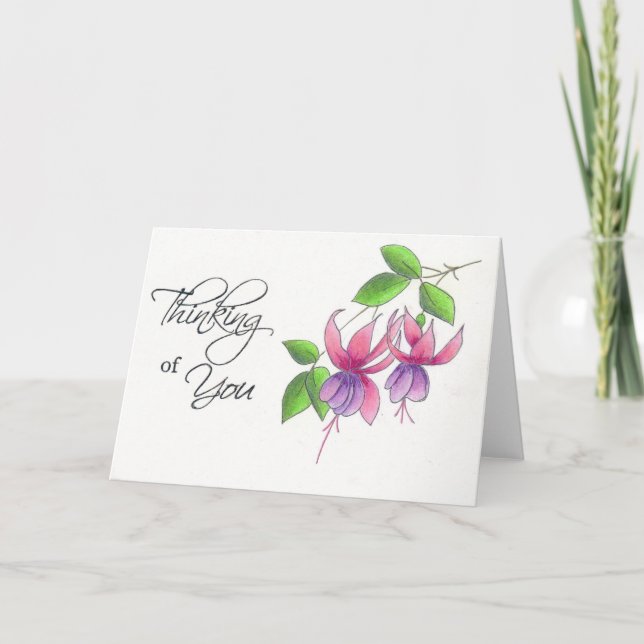 Carte Fleurs de fuchsia en pensant à vous au crayon aqua (Devant)