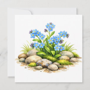 Carte Fleurs de myosotis à l'aquarelle près des rochers