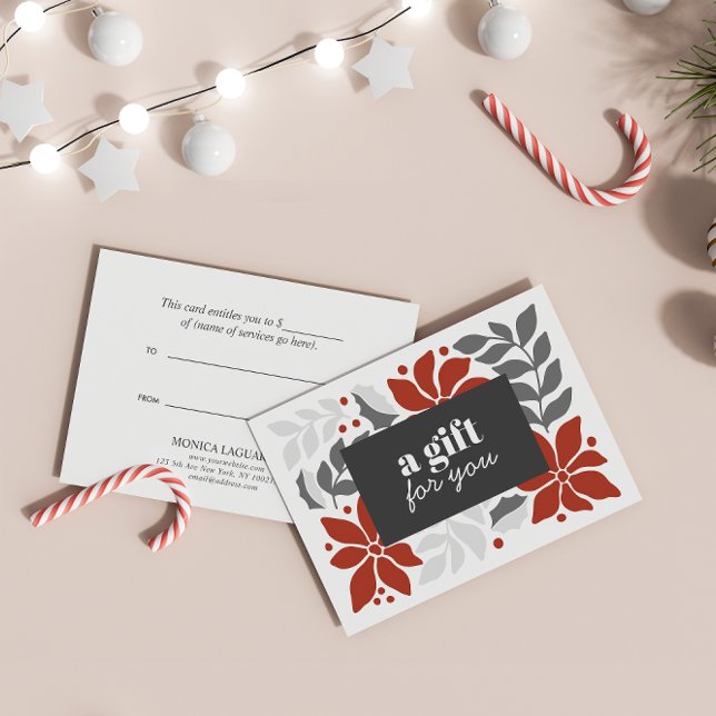 CARTE FLEURS DE NOËL ARGENT ROUGE GRAY SPÉCIAL (Gray Red neutral colors Holiday Greenery Gift Voucher or Gift Card for beauty business nail salon )