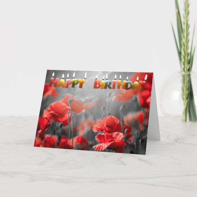 Carte Fleurs de pavot rouge et jolies bougies d'annivers (Devant)