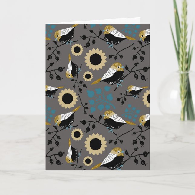 Carte Fleurs de poulet Berries Gris Noir Turquoise Or (Devant)