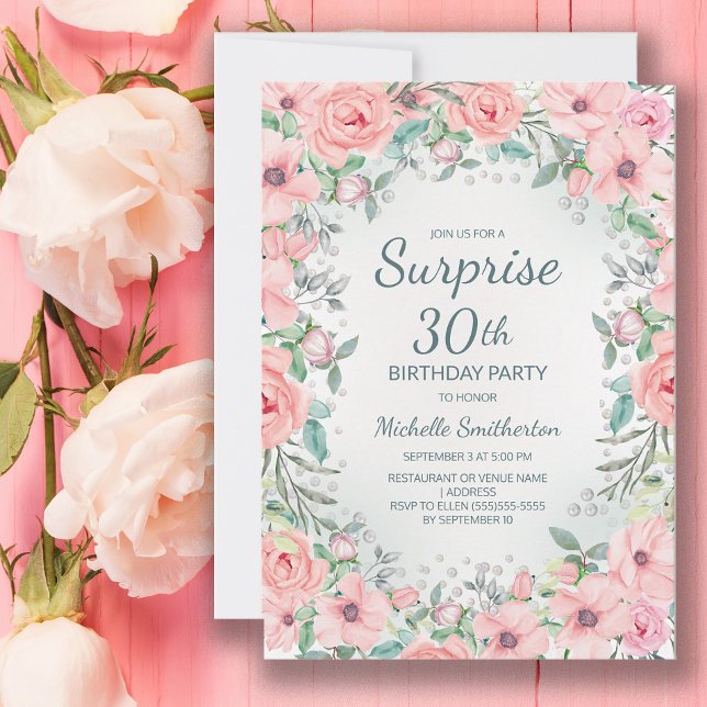 Carte Fleurs de roses aquarelles roses perles 30e annive (Blush pink floral surprise 30th birthday party invitation personalized with your text.)