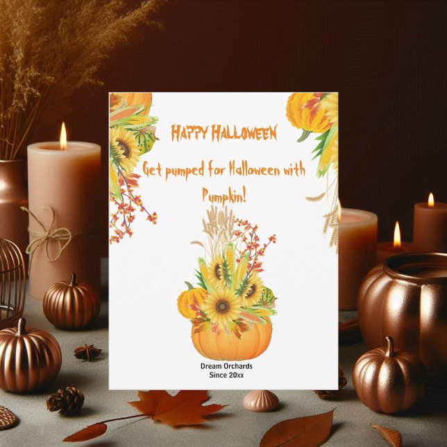 Carte Fleurs de soleil Citrouille d'Halloween vives (Vibrant Halloween Pumpkin Watercolor Sunflowers)