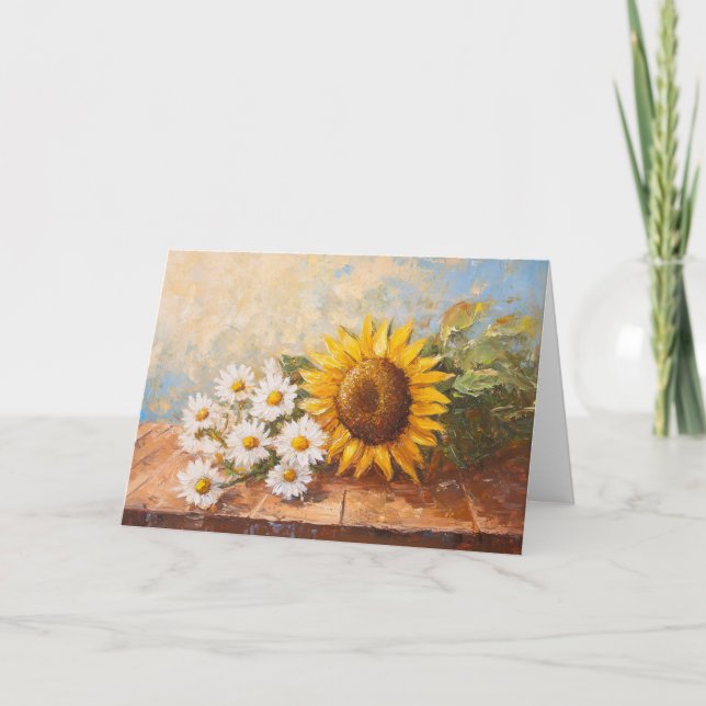 Carte Fleurs de soleil et marguerites sur table rustique (Devant)