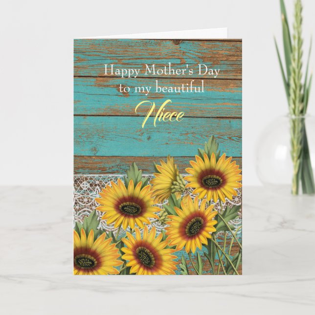 Carte Fleurs de soleil jaunes en bois rustique Fête des  (Devant)