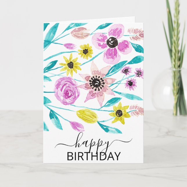 Carte Fleurs d'été Feuilles Aquarelle Joyeux anniversair (Devant)