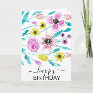 Carte Fleurs d'été Feuilles Aquarelle Joyeux anniversair