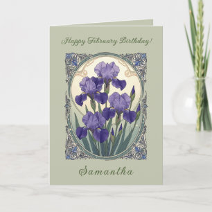 Carte Fleurs d'iris de naissance de février Art Nouveau