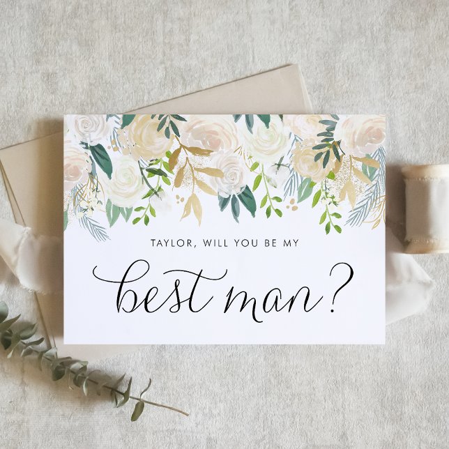 Carte Fleurs D'Ivoire Douce Serez-Vous Mon Meilleur Homm (Elegant Best Man proposal card with watercolor flowers in neutral shades and greenery.)