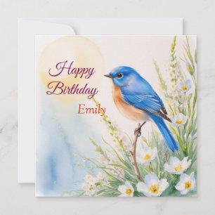 Carte Fleurs d'oiseaux bleues personnalisées Aquarelle a