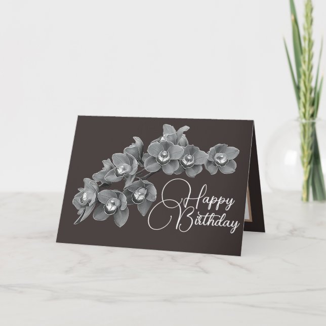 Carte Fleurs d'orchidée couleur grise fond Anniversaire (Devant)