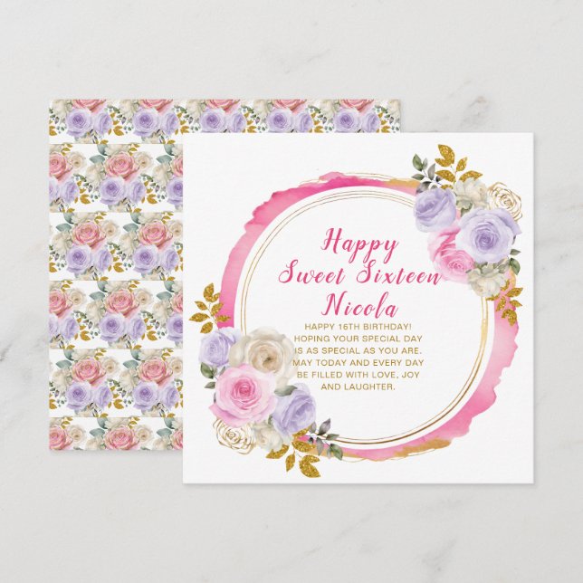 Carte Fleurs élégantes rose et violet Sweet sixteen (Devant / Derrière)