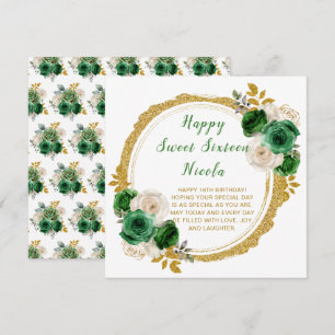 Carte Fleurs élégantes vert foncé et or Sweet Sixteen