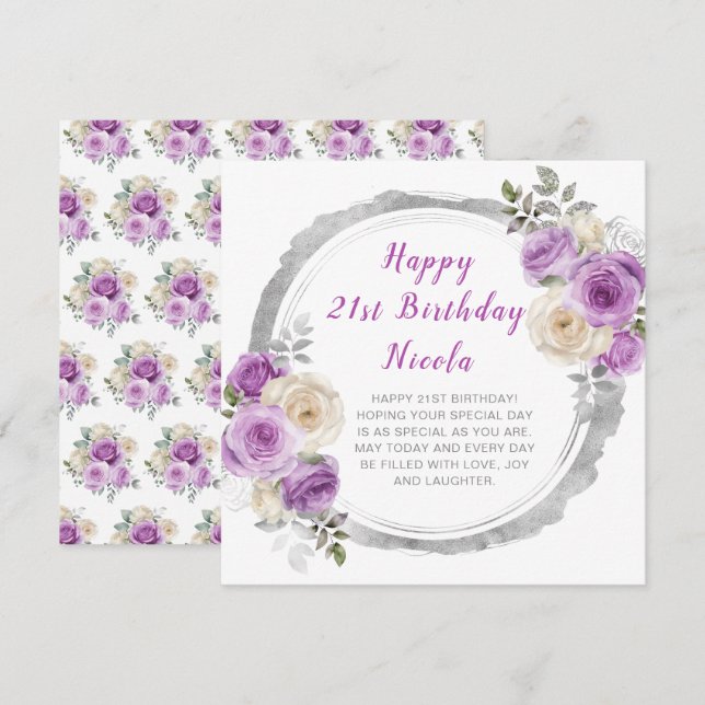 Carte Fleurs élégantes violettes et argentées pour anniv (Devant / Derrière)