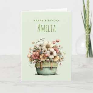 Carte Fleurs en Pot Style Cosy Shabby Chic Anniversaire