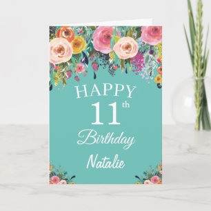 Carte Fleurs Florales Aquarelle Teal pour 11e Anniversai
