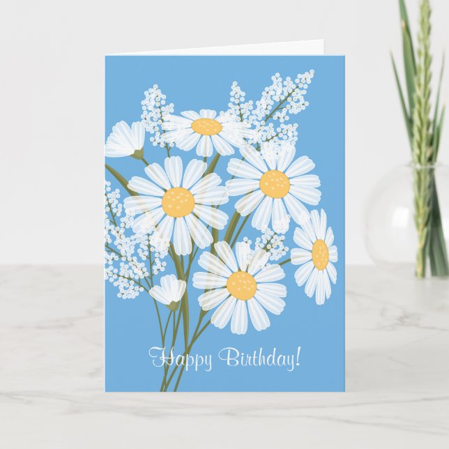 Carte Fleurs marguerites blanches sur bleu Joyeux annive (Devant)
