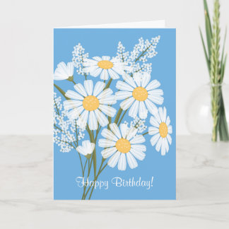 Carte Fleurs marguerites blanches sur bleu Joyeux annive