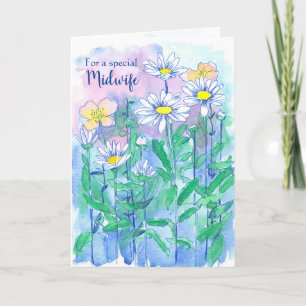 Carte Fleurs marguerites Merci sage-femme Aquarelle