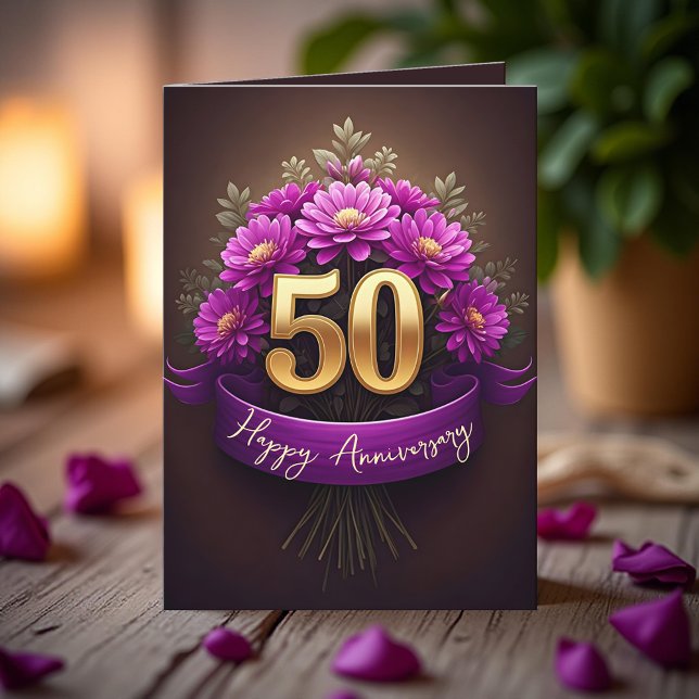 Carte Fleurs mauves dorées 50e anniversaire de Mariage (Créateur téléchargé)