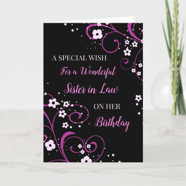 Carte Fleurs noires et violettes Soeur en droit Annivers (Devant)