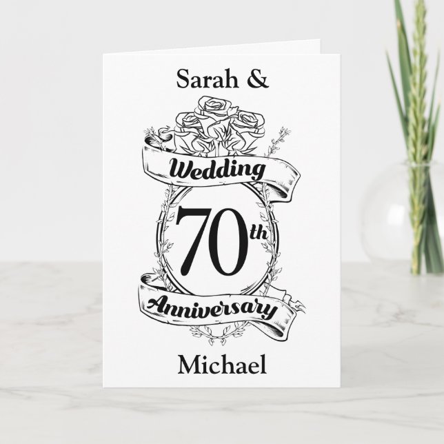 Carte Fleurs pour le 70e anniversaire de mariage Noir et (Devant)