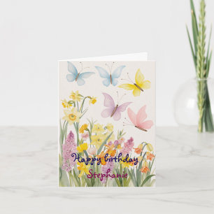 Carte Fleurs printanières et papillons personnalisés Ann