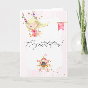Carte Fleurs rose blush et princesse pailletée et feuill