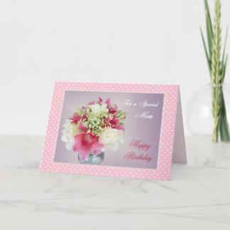 Carte Fleurs roses blanches Maman Anniversaire