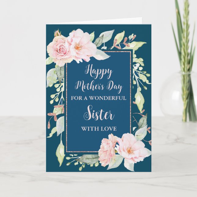 Carte Fleurs roses bleues Soeur Bonne fête des mères (Devant)