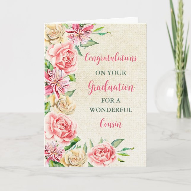 Carte Fleurs roses cousine félicitations pour la remise  (Devant)