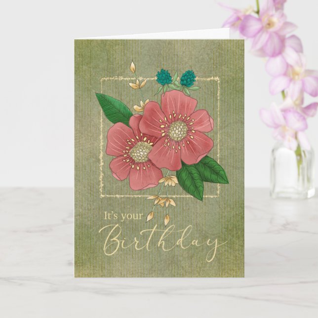 Carte Fleurs roses d'anniversaire avec cadre de Parties  (Orchidée)